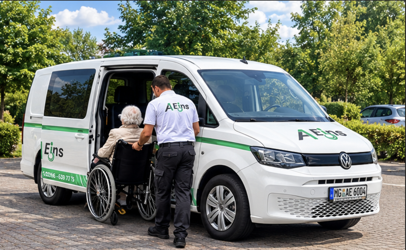 Fahrpersonal von A1 hilft einer Fahrgastin beim Einsteigen in das rollstuhlgerechte Fahrzeug