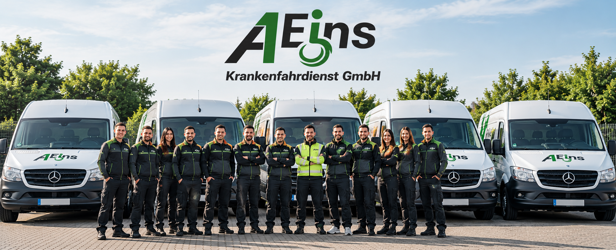 Das Team von A1 Eins Krankenfahrdienst vor den Einsatzfahrzeugen